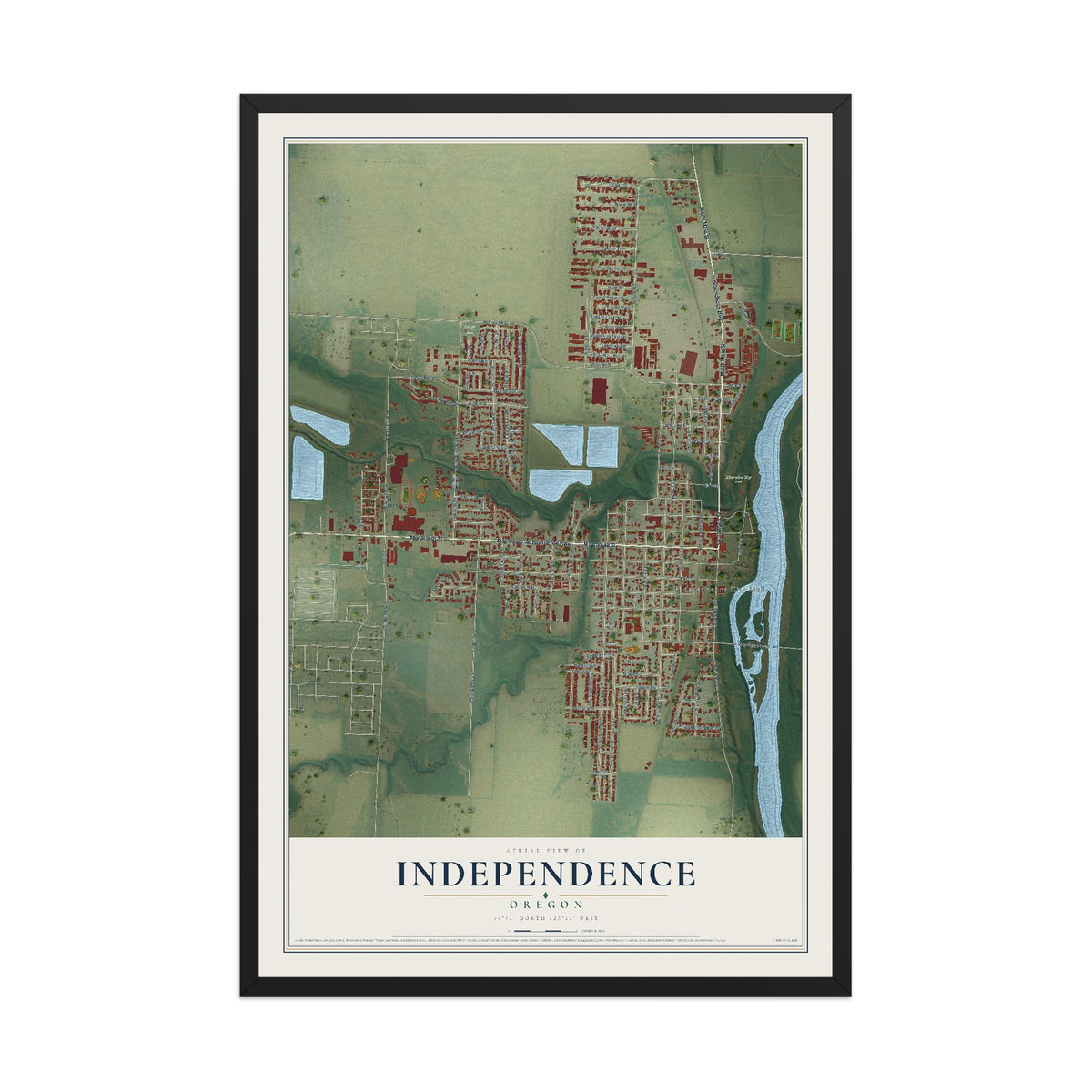 Map of Independence, Oregon, 12 x 18 inch print in a black wood frame
