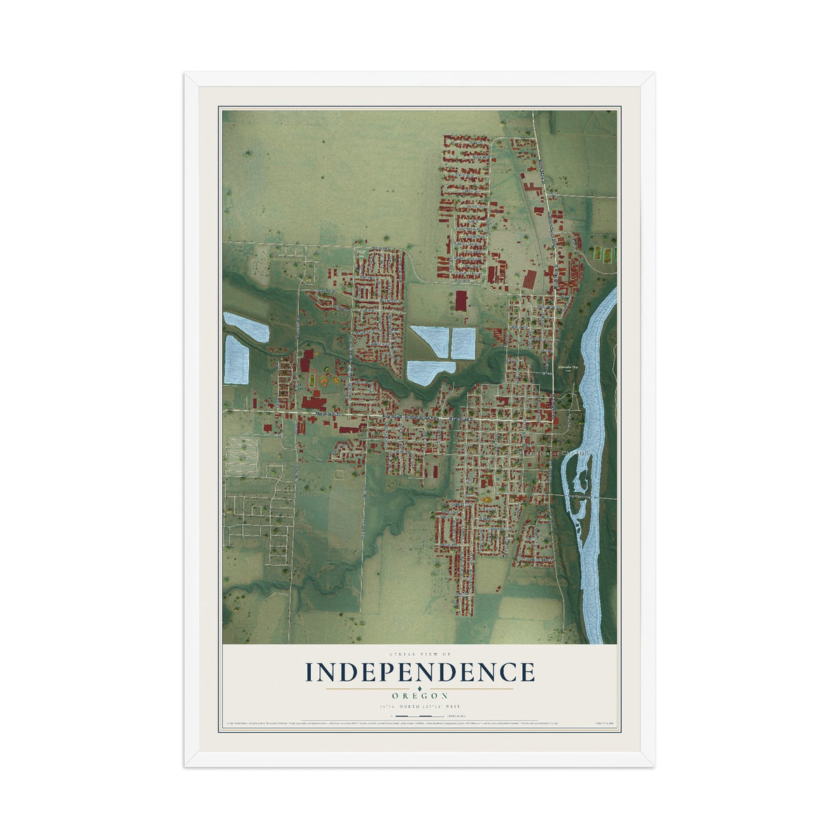 Map of Independence, Oregon, 12 x 18 inch print in a white wood frame