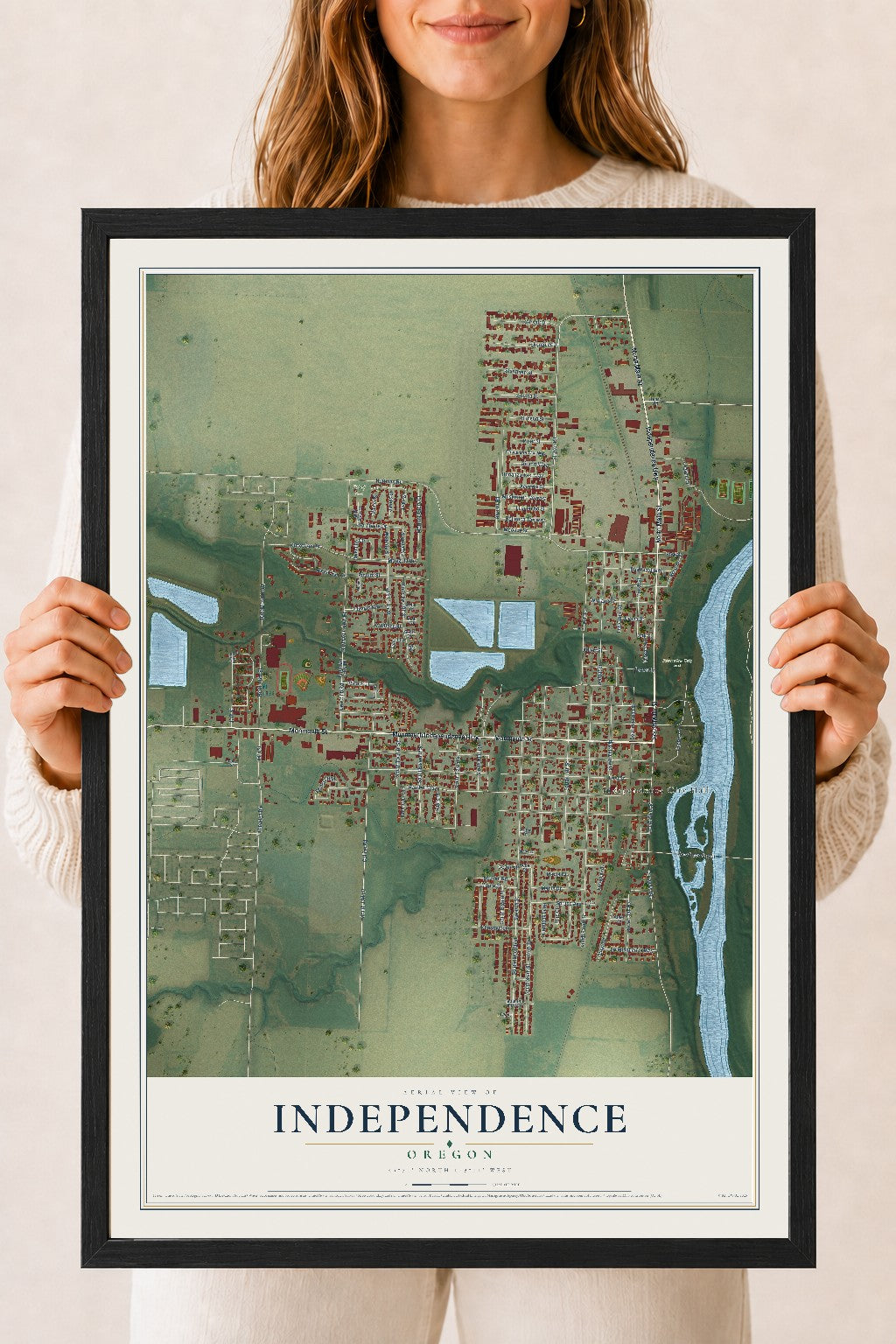 Map of Independence, Oregon, 18 x 24 inch print in a black wood frame