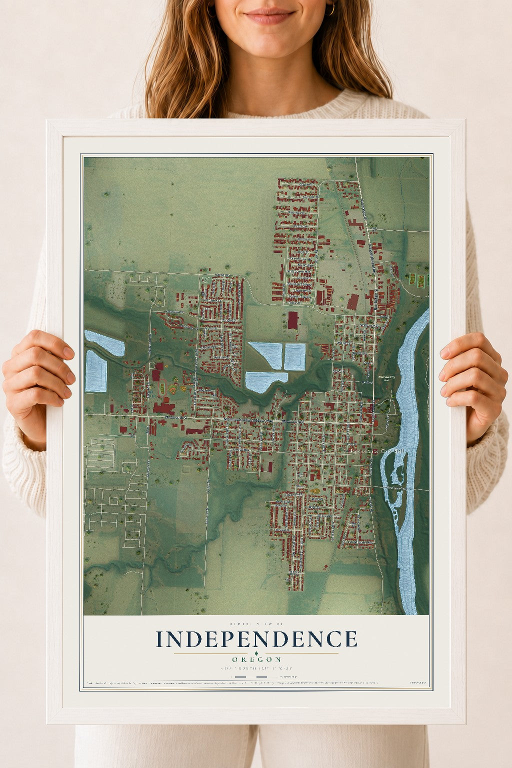 Map of Independence, Oregon, 18 x 24 inch print in a white wood frame