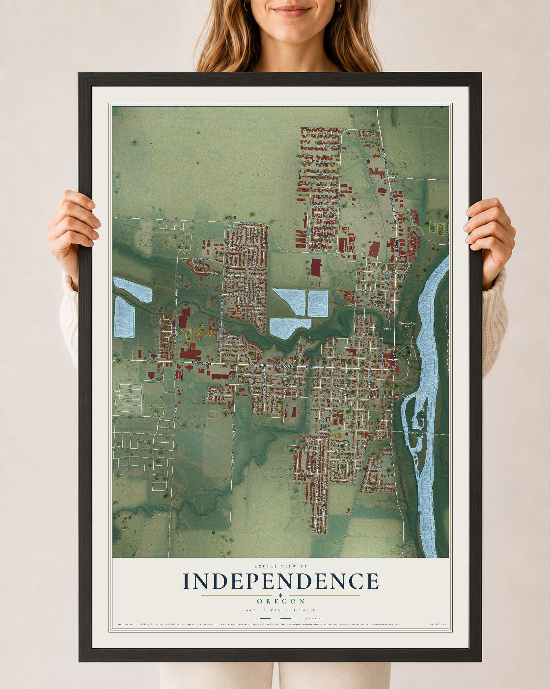 Map of Independence, Oregon, 24 x 36 inch print in a black wood frame