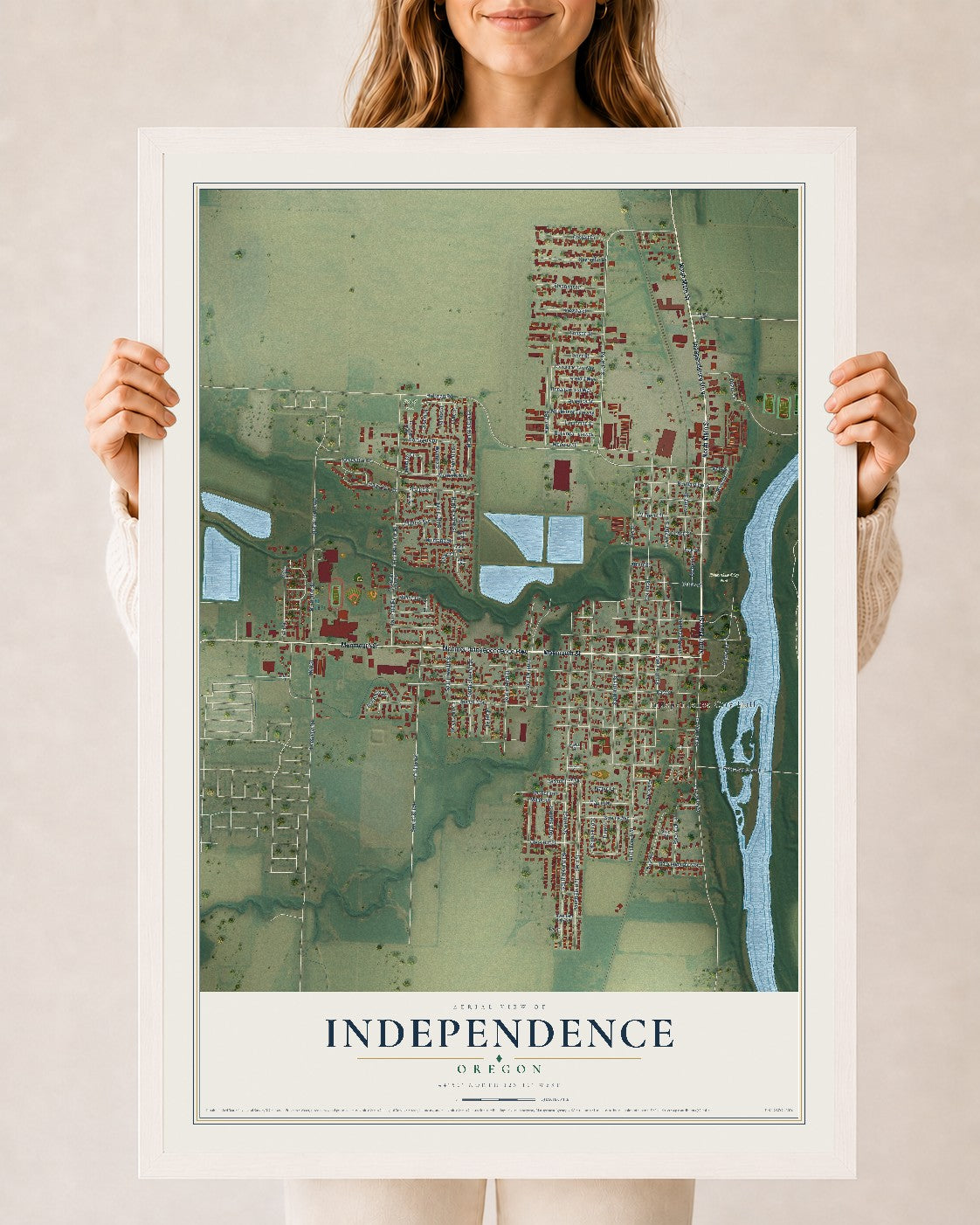 Map of Independence, Oregon, 24 x 36 inch print in a white wood frame