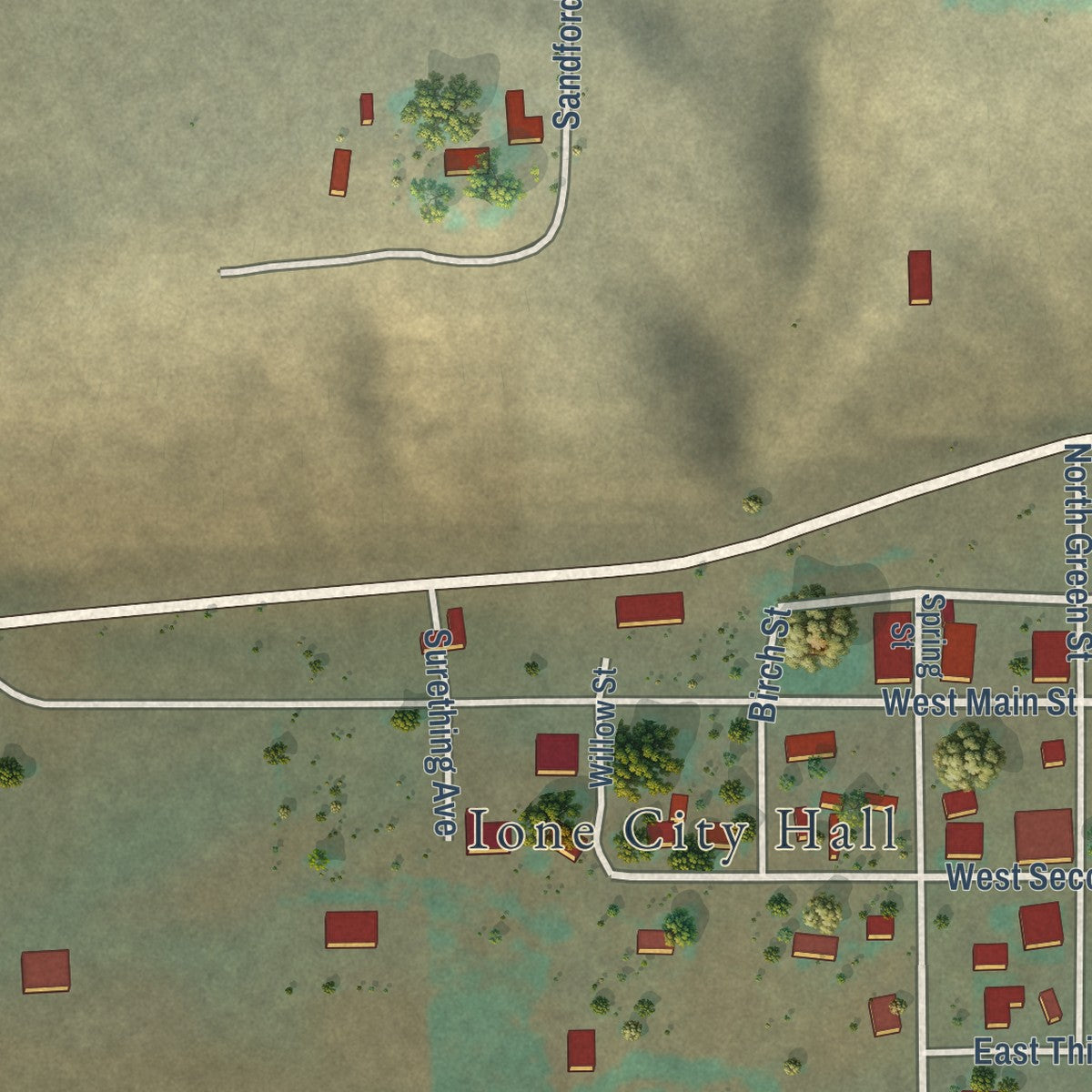 Second close-up of the map of Ione, Oregon print showing more streets and buildings