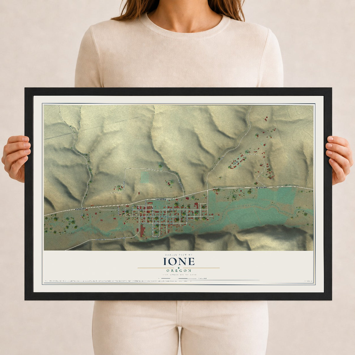 Map of Ione, Oregon, 12 x 18 inch print in a black wood frame