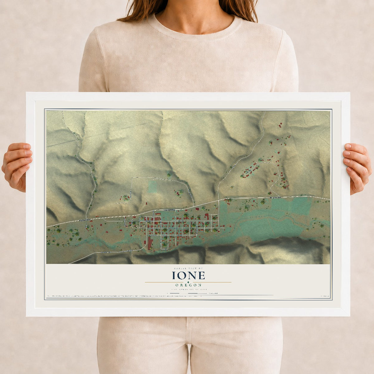 Map of Ione, Oregon, 12 x 18 inch print in a white wood frame