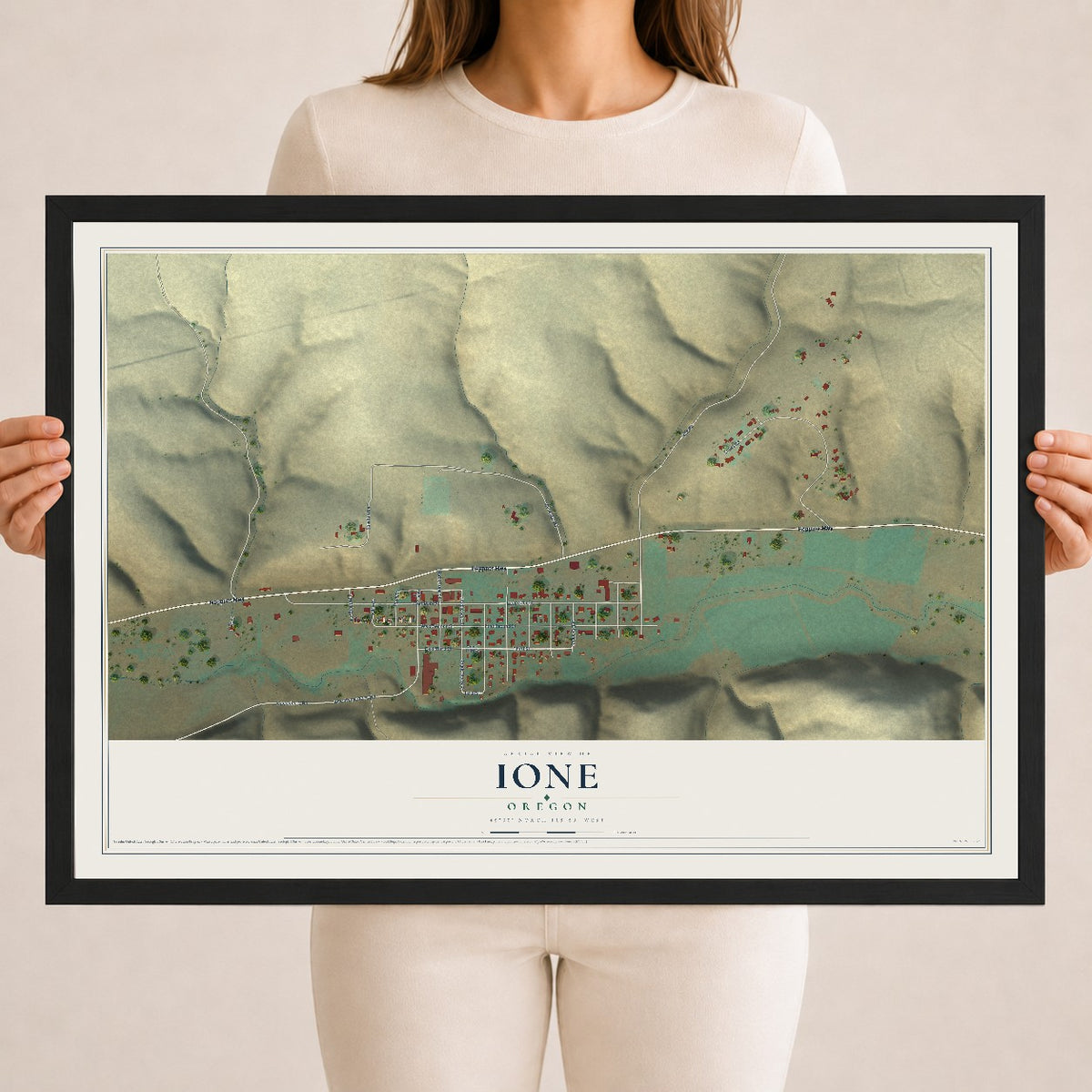 Map of Ione, Oregon, 18 x 24 inch print in a black wood frame