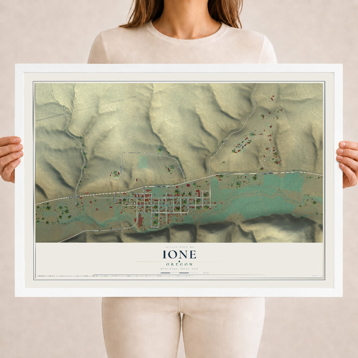 Map of Ione, Oregon, 18 x 24 inch print in a white wood frame