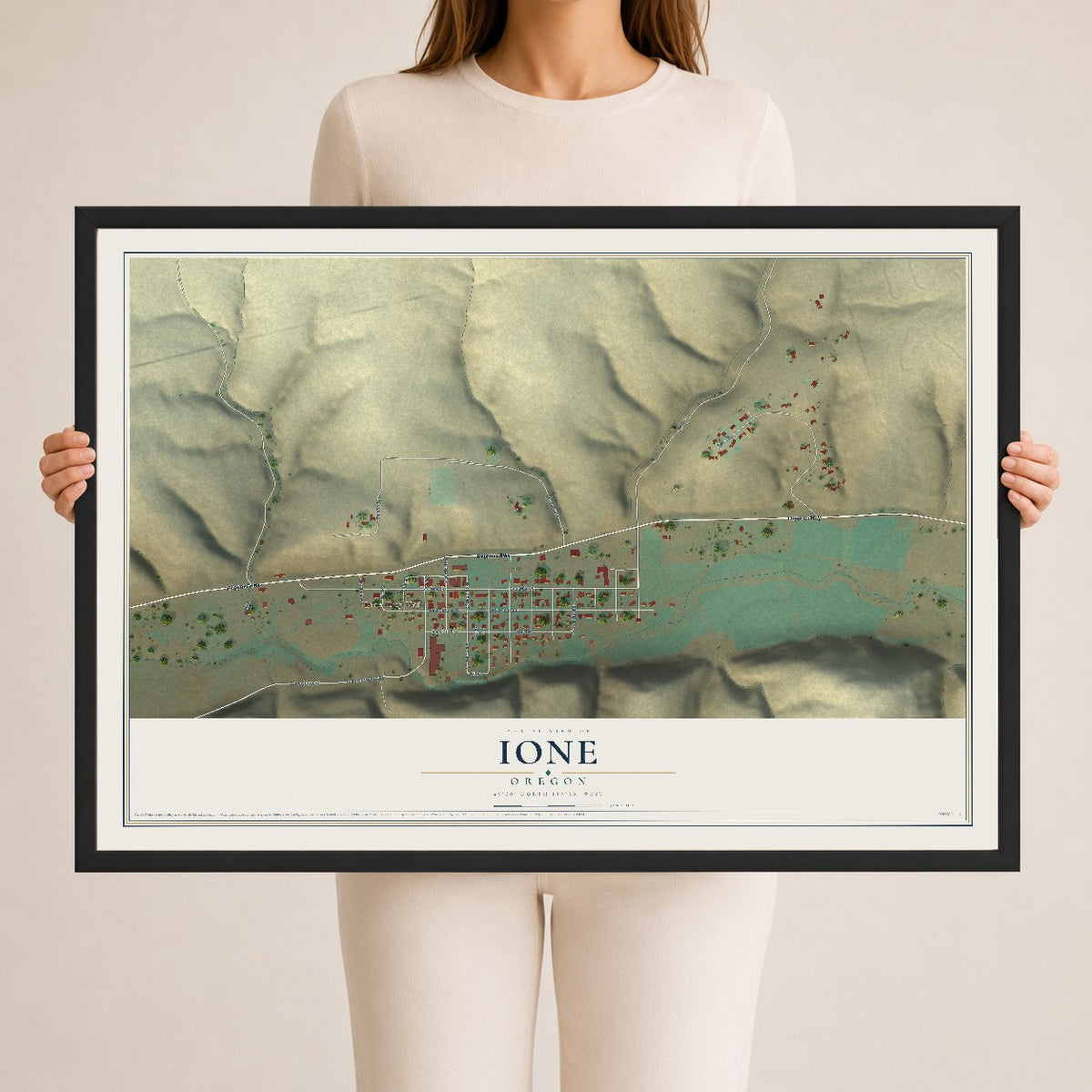 Map of Ione, Oregon, 24 x 36 inch print in a black wood frame
