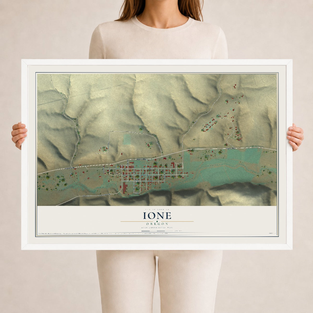 Map of Ione, Oregon, 24 x 36 inch print in a white wood frame