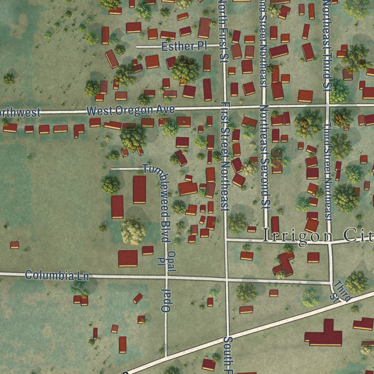 Second close-up of the map of Irrigon, Oregon print showing more streets and buildings