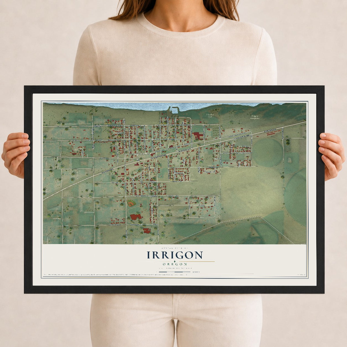 Map of Irrigon, Oregon, 12 x 18 inch print in a black wood frame