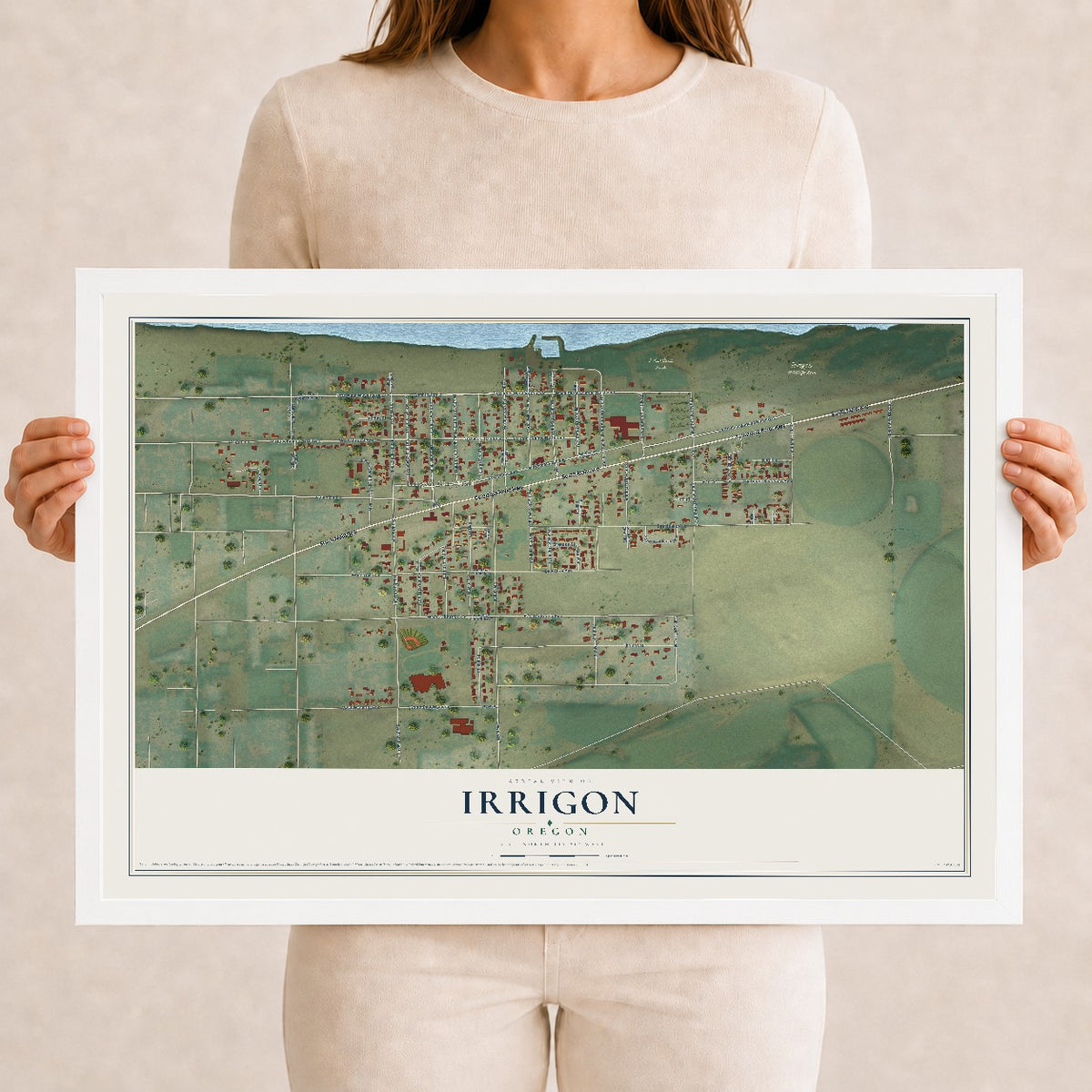 Map of Irrigon, Oregon, 12 x 18 inch print in a white wood frame