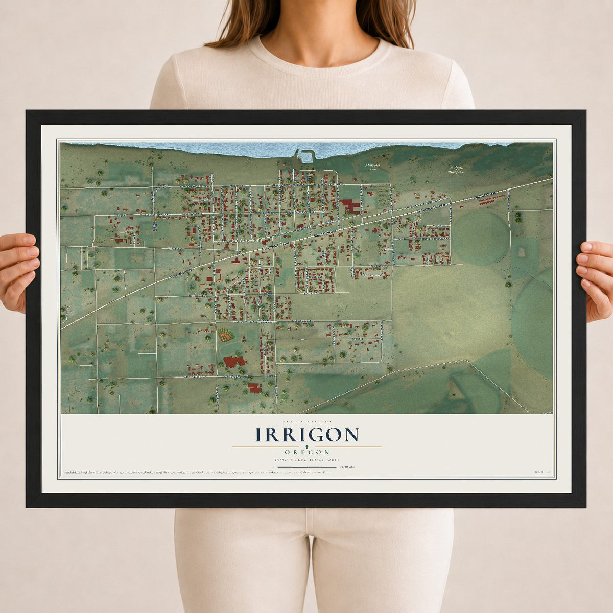 Map of Irrigon, Oregon, 18 x 24 inch print in a black wood frame