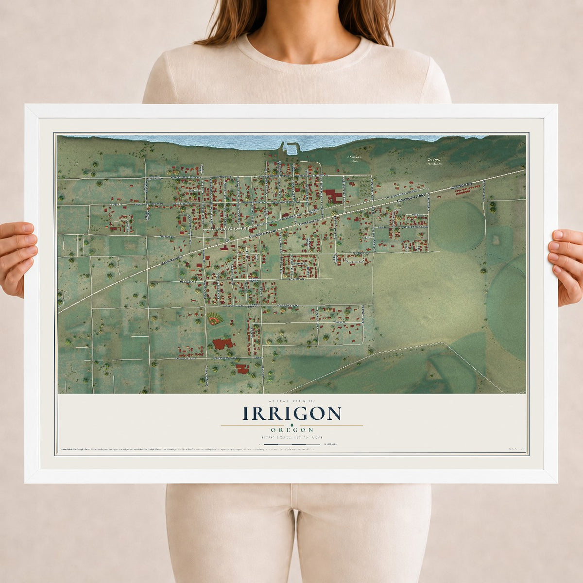 Map of Irrigon, Oregon, 18 x 24 inch print in a white wood frame