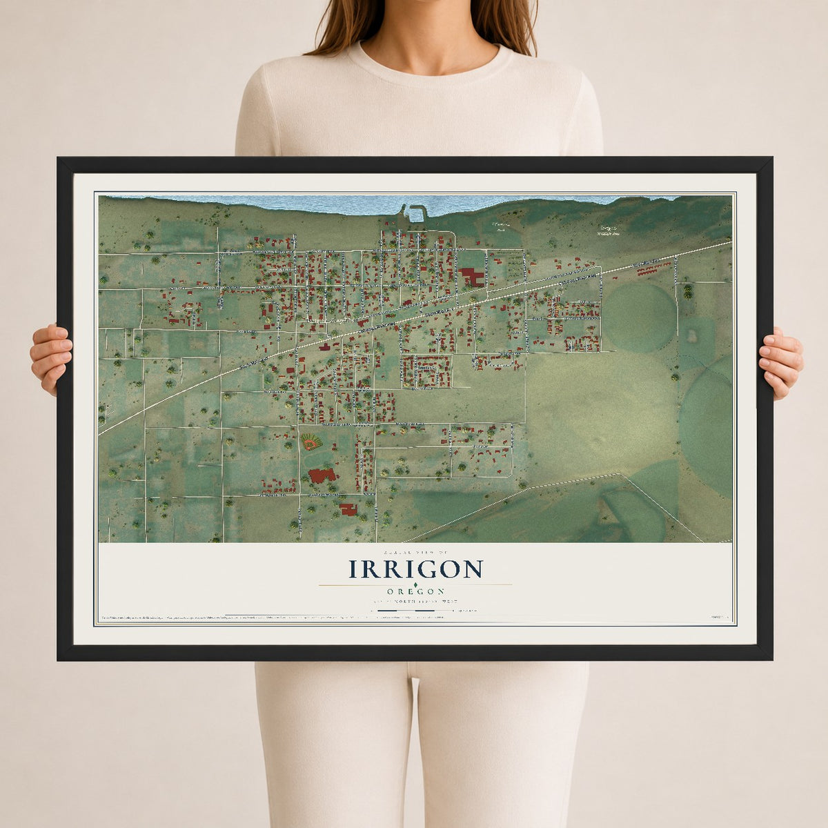 Map of Irrigon, Oregon, 24 x 36 inch print in a black wood frame