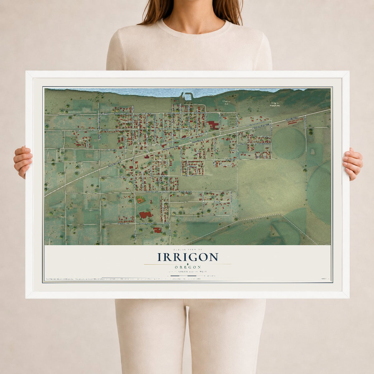 Map of Irrigon, Oregon, 24 x 36 inch print in a white wood frame