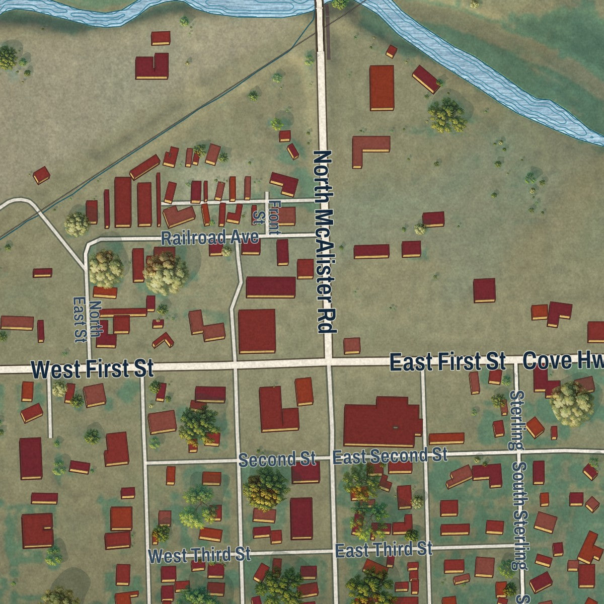 Close-up of the map of Island City, Oregon print showing street and building detail