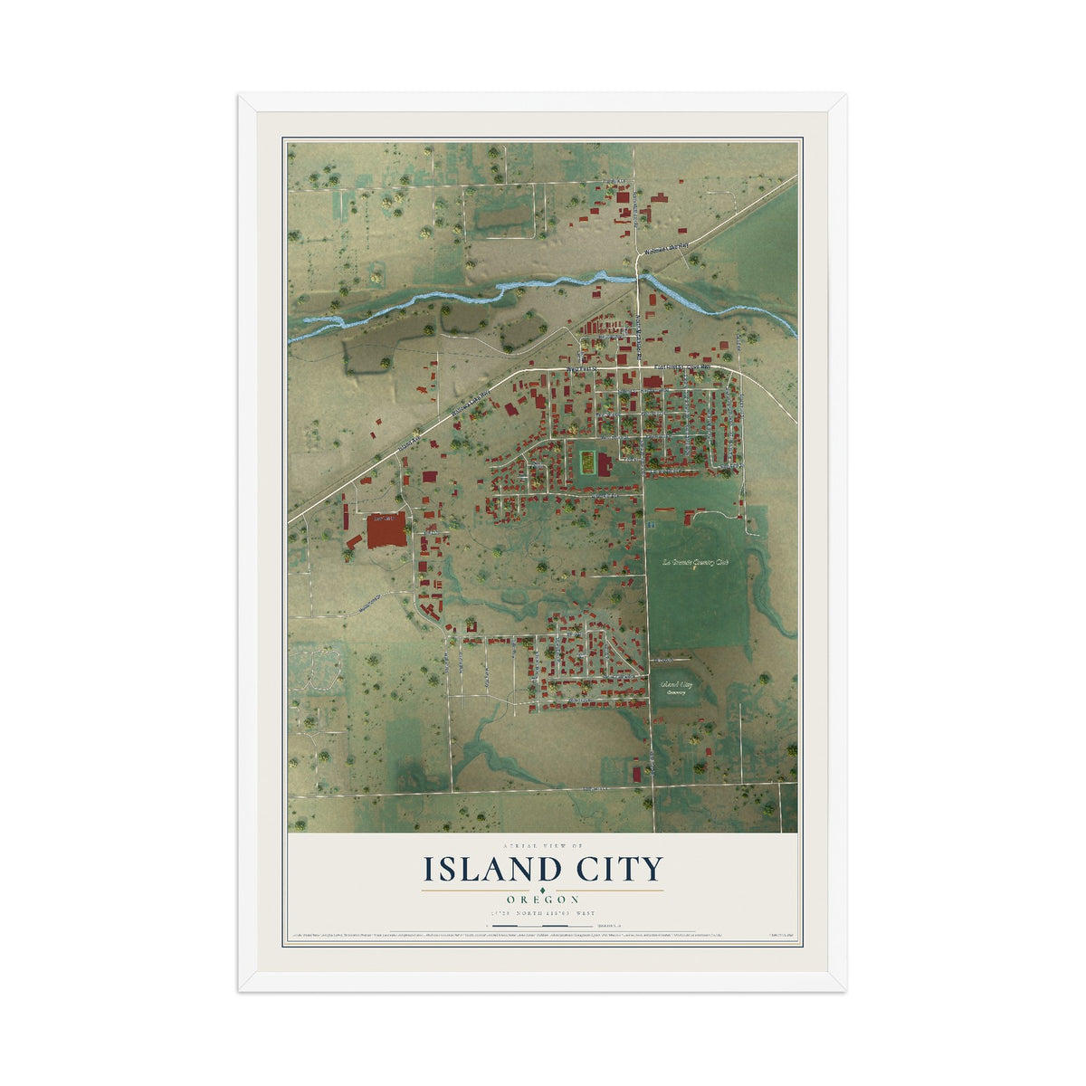 Map of Island City, Oregon, 12 x 18 inch print in a white wood frame