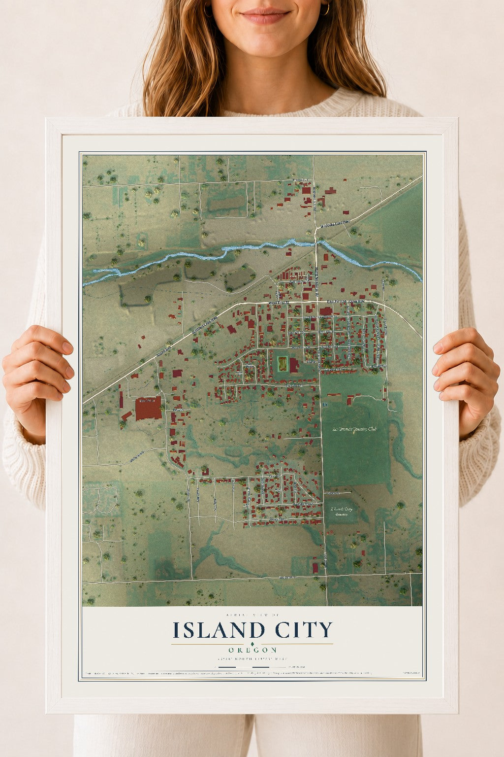 Map of Island City, Oregon, 18 x 24 inch print in a white wood frame