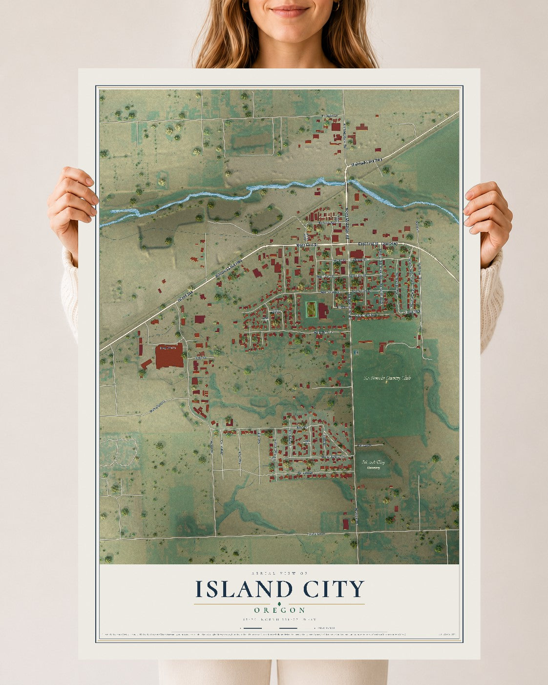 Map of Island City, Oregon, 24 x 36 inch unframed archival matte print