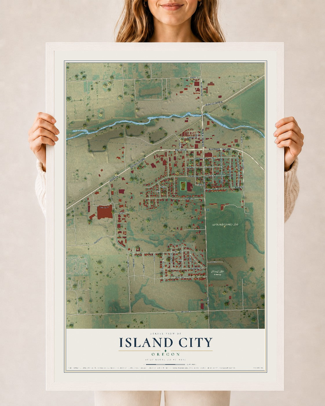 Map of Island City, Oregon, 24 x 36 inch print in a white wood frame