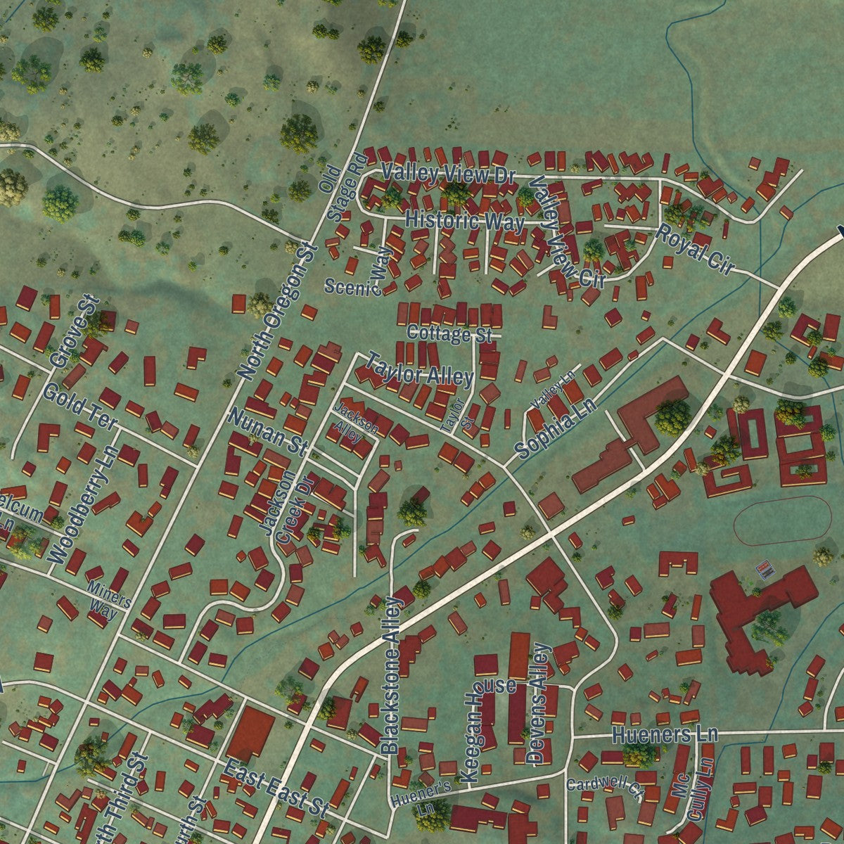 Close-up of the map of Jacksonville, Oregon print showing street and building detail