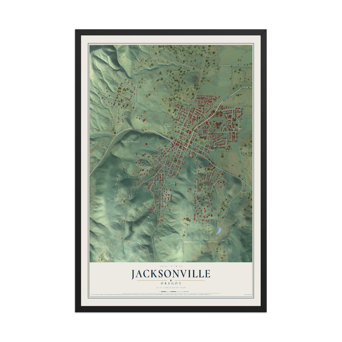 Map of Jacksonville, Oregon, 12 x 18 inch print in a black wood frame