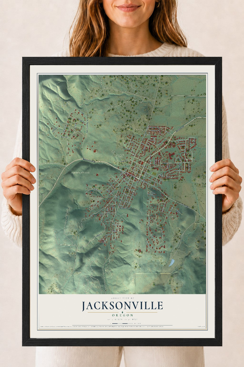 Map of Jacksonville, Oregon, 18 x 24 inch print in a black wood frame