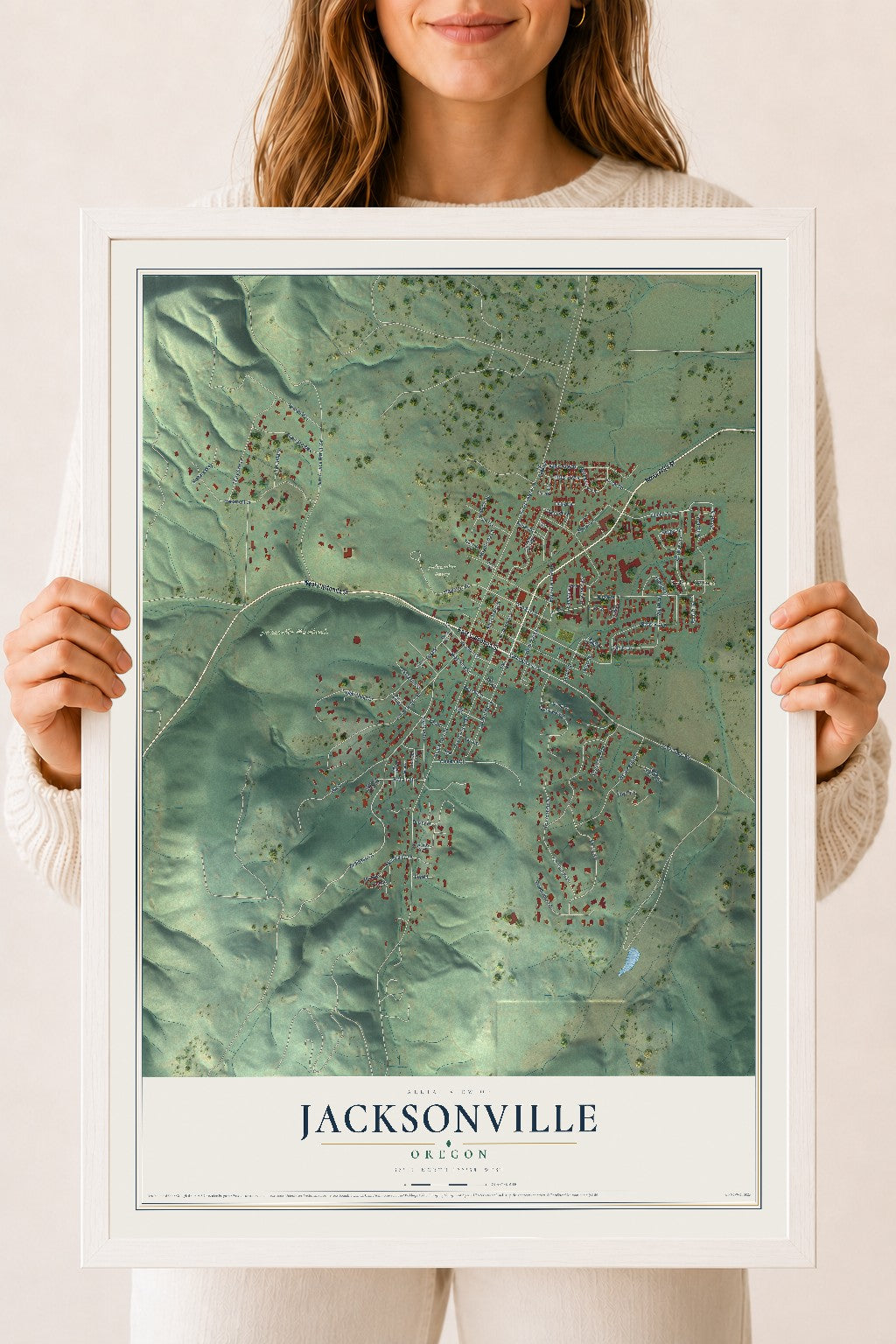 Map of Jacksonville, Oregon, 18 x 24 inch print in a white wood frame