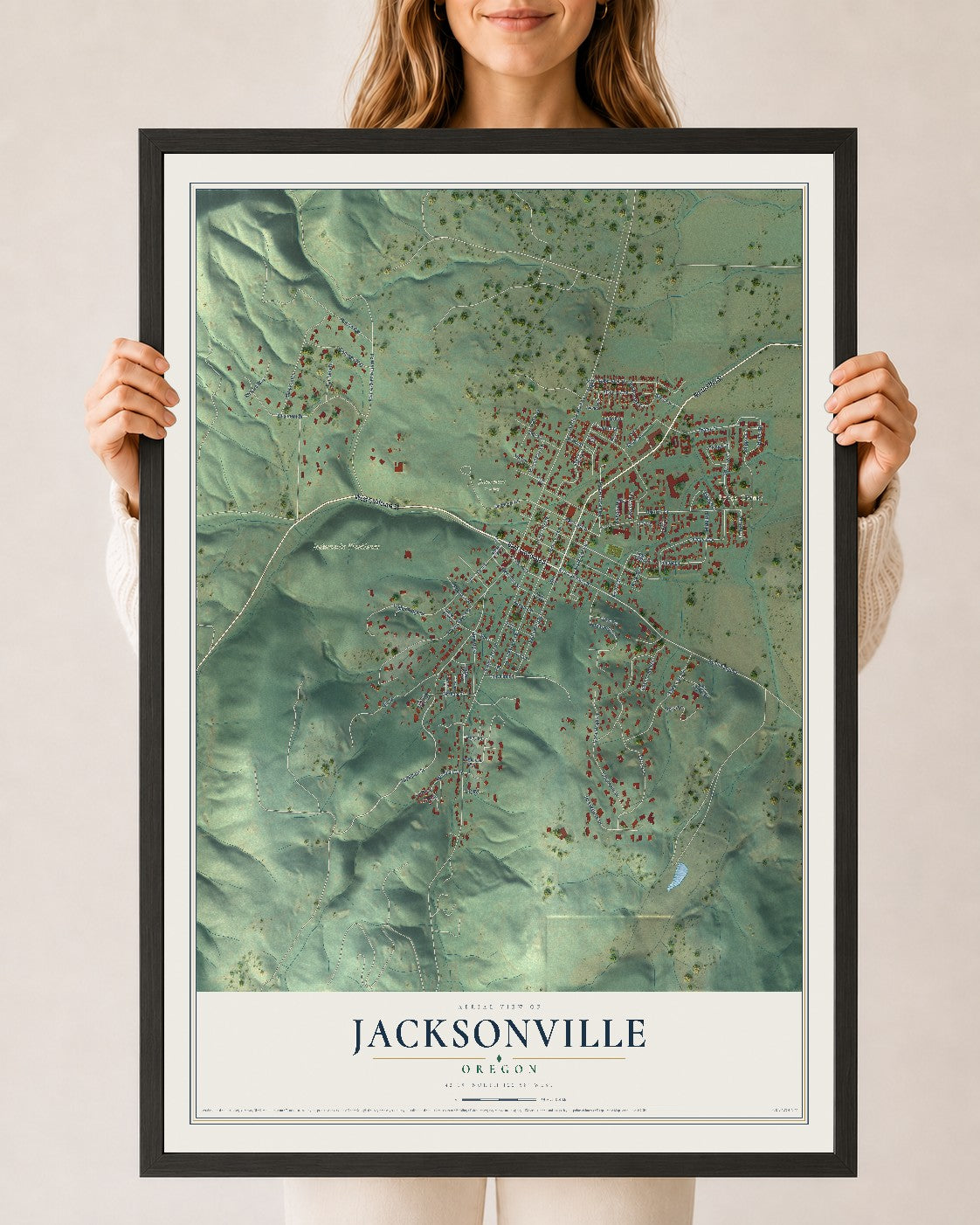 Map of Jacksonville, Oregon, 24 x 36 inch print in a black wood frame
