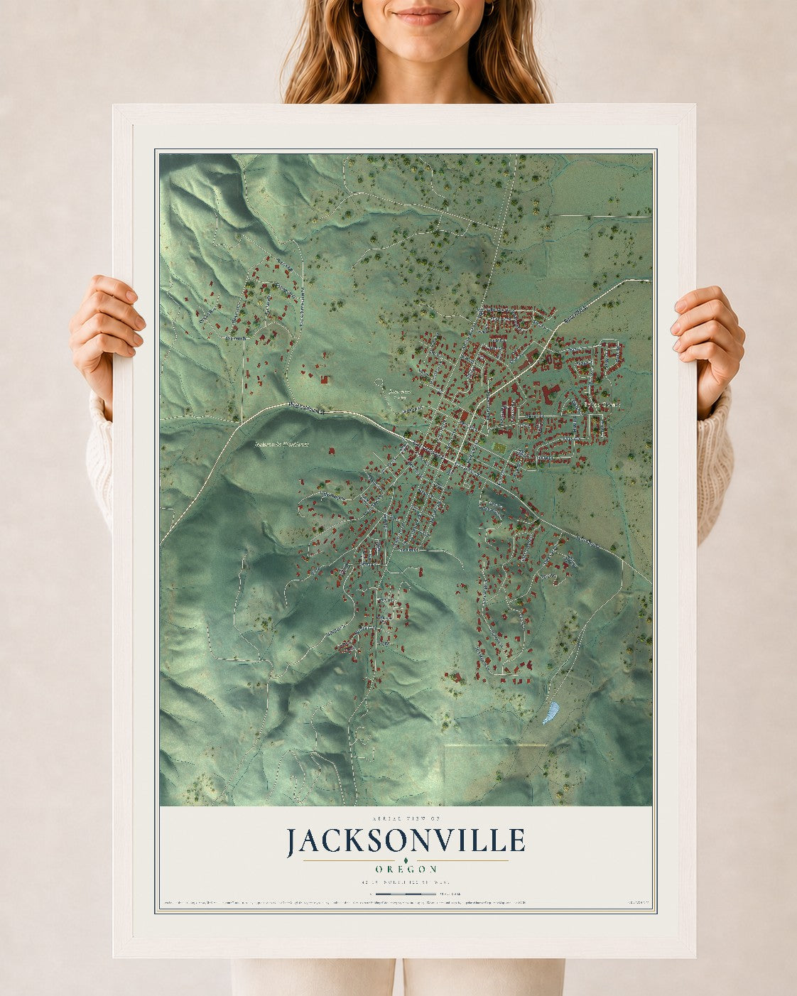 Map of Jacksonville, Oregon, 24 x 36 inch print in a white wood frame
