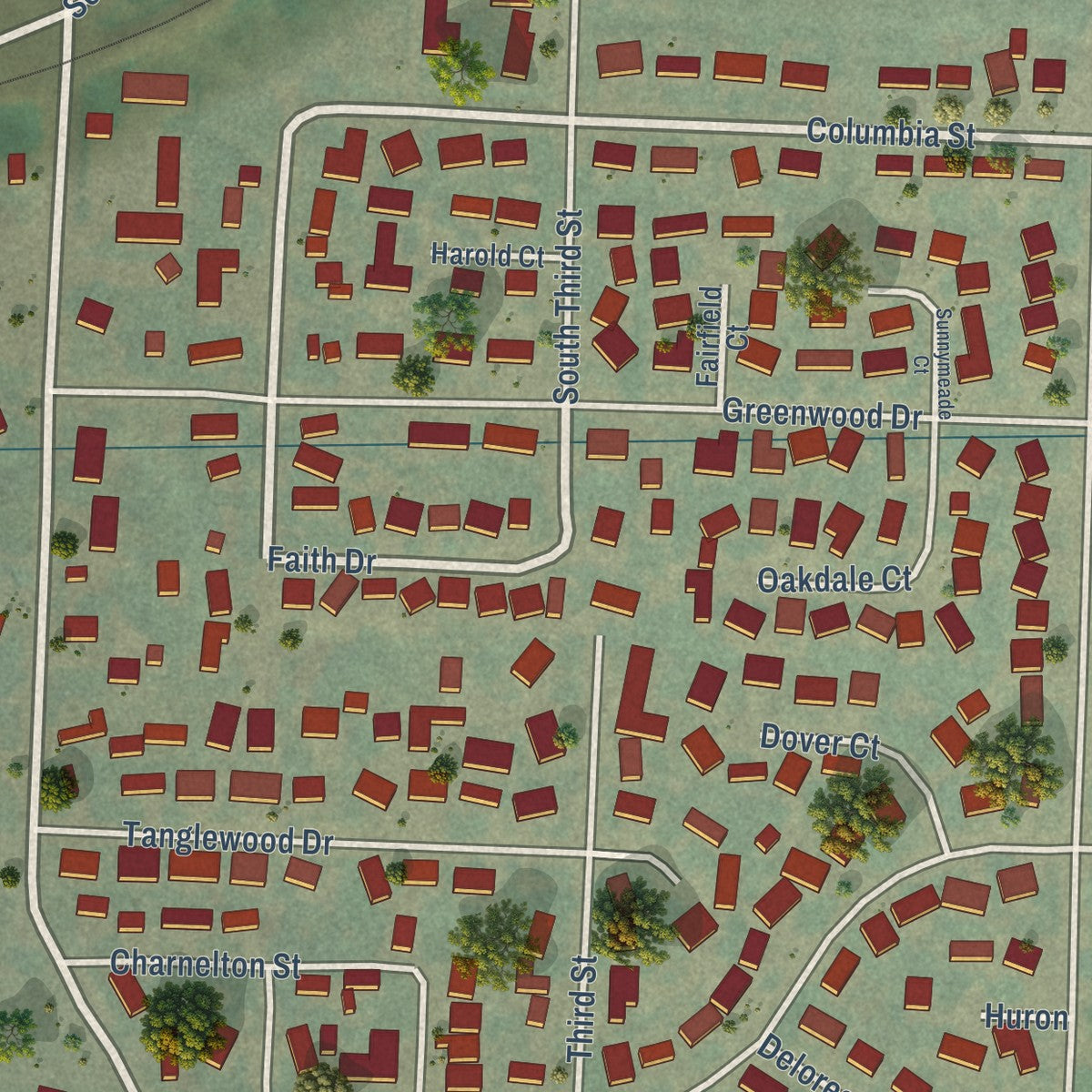 Close-up of the map of Jefferson, Oregon print showing street and building detail