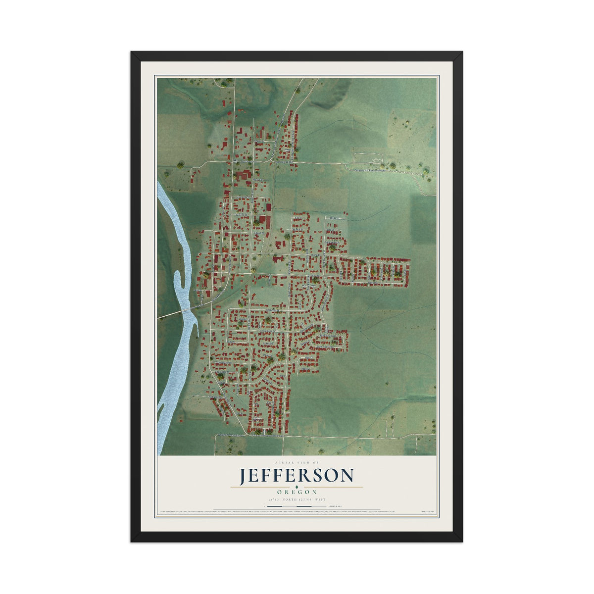 Map of Jefferson, Oregon, 12 x 18 inch print in a black wood frame