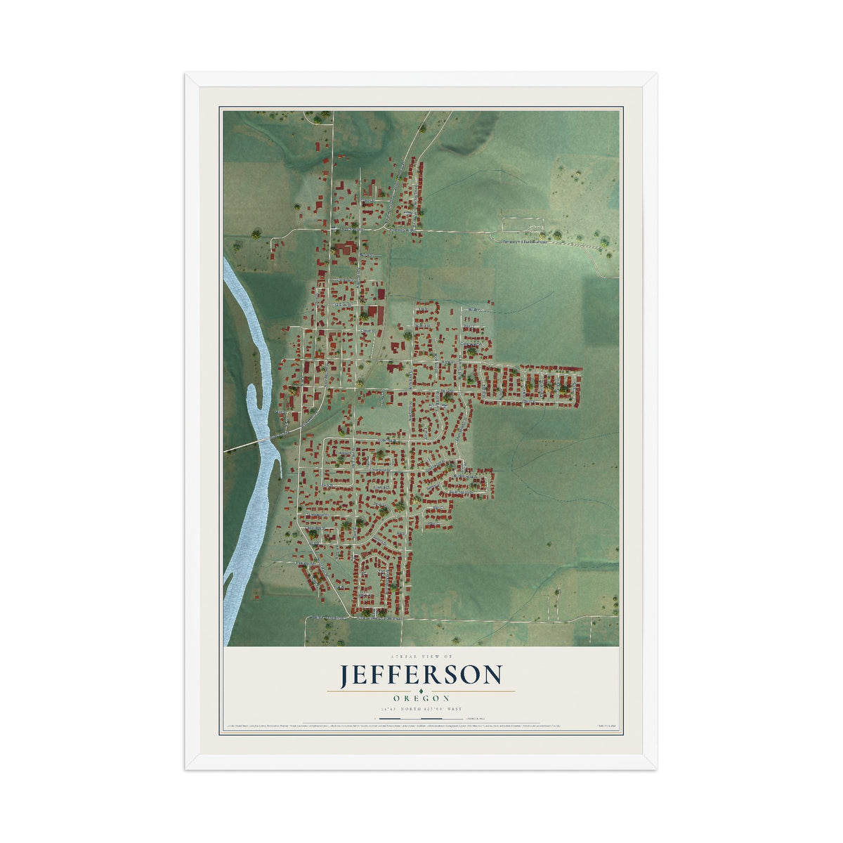 Map of Jefferson, Oregon, 12 x 18 inch print in a white wood frame