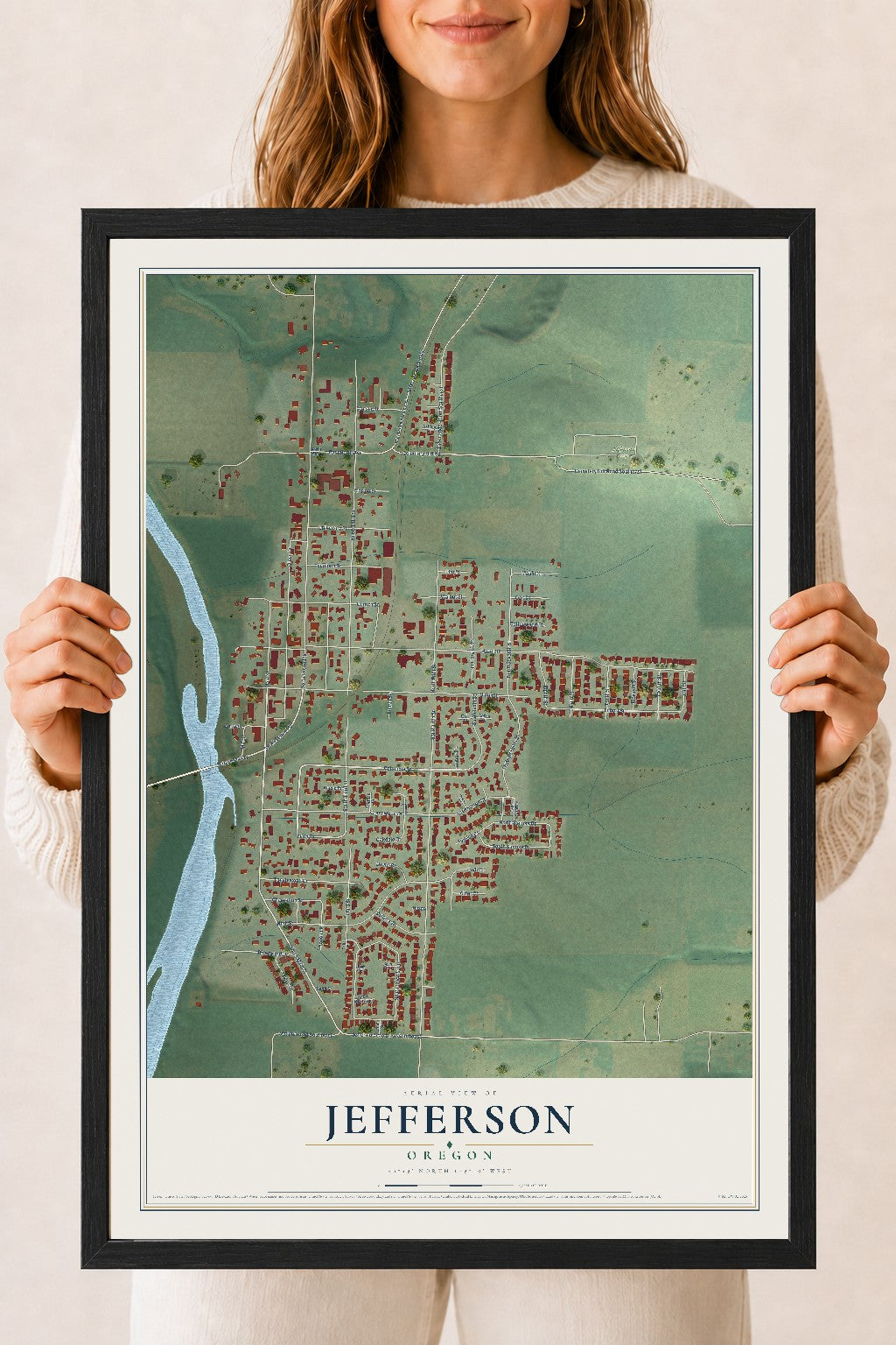 Map of Jefferson, Oregon, 18 x 24 inch print in a black wood frame