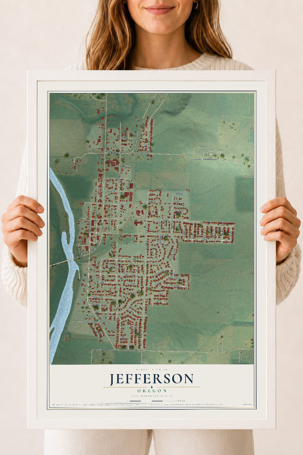 Map of Jefferson, Oregon, 18 x 24 inch print in a white wood frame