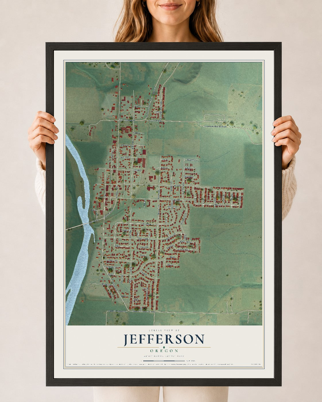 Map of Jefferson, Oregon, 24 x 36 inch print in a black wood frame