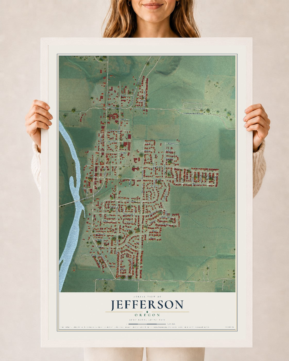 Map of Jefferson, Oregon, 24 x 36 inch print in a white wood frame