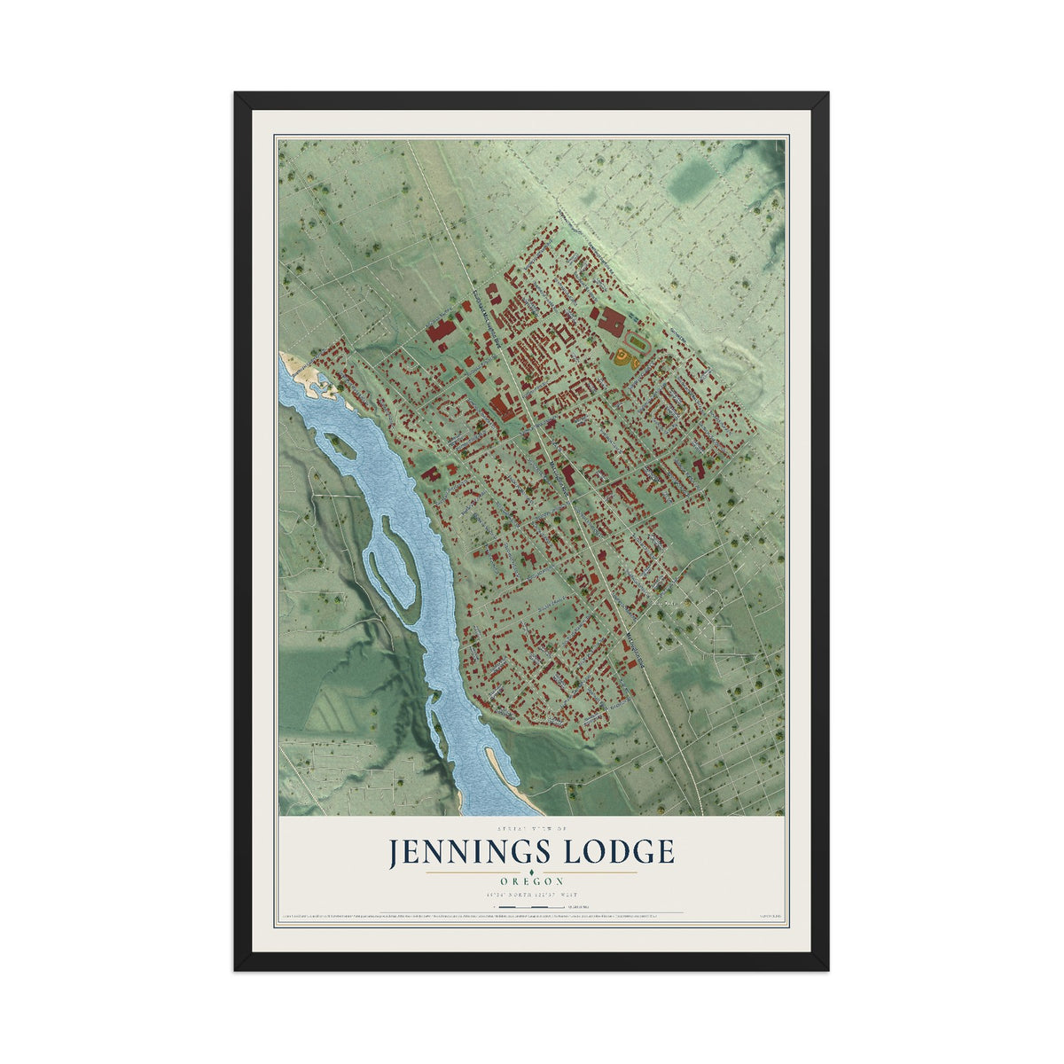 Map of Jennings Lodge, Oregon, 12 x 18 inch print in a black wood frame