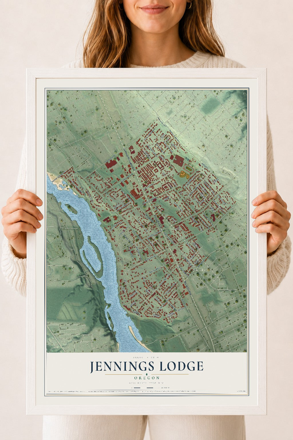 Map of Jennings Lodge, Oregon, 18 x 24 inch print in a white wood frame