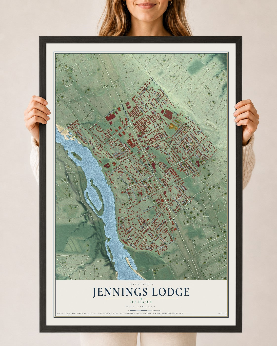 Map of Jennings Lodge, Oregon, 24 x 36 inch print in a black wood frame