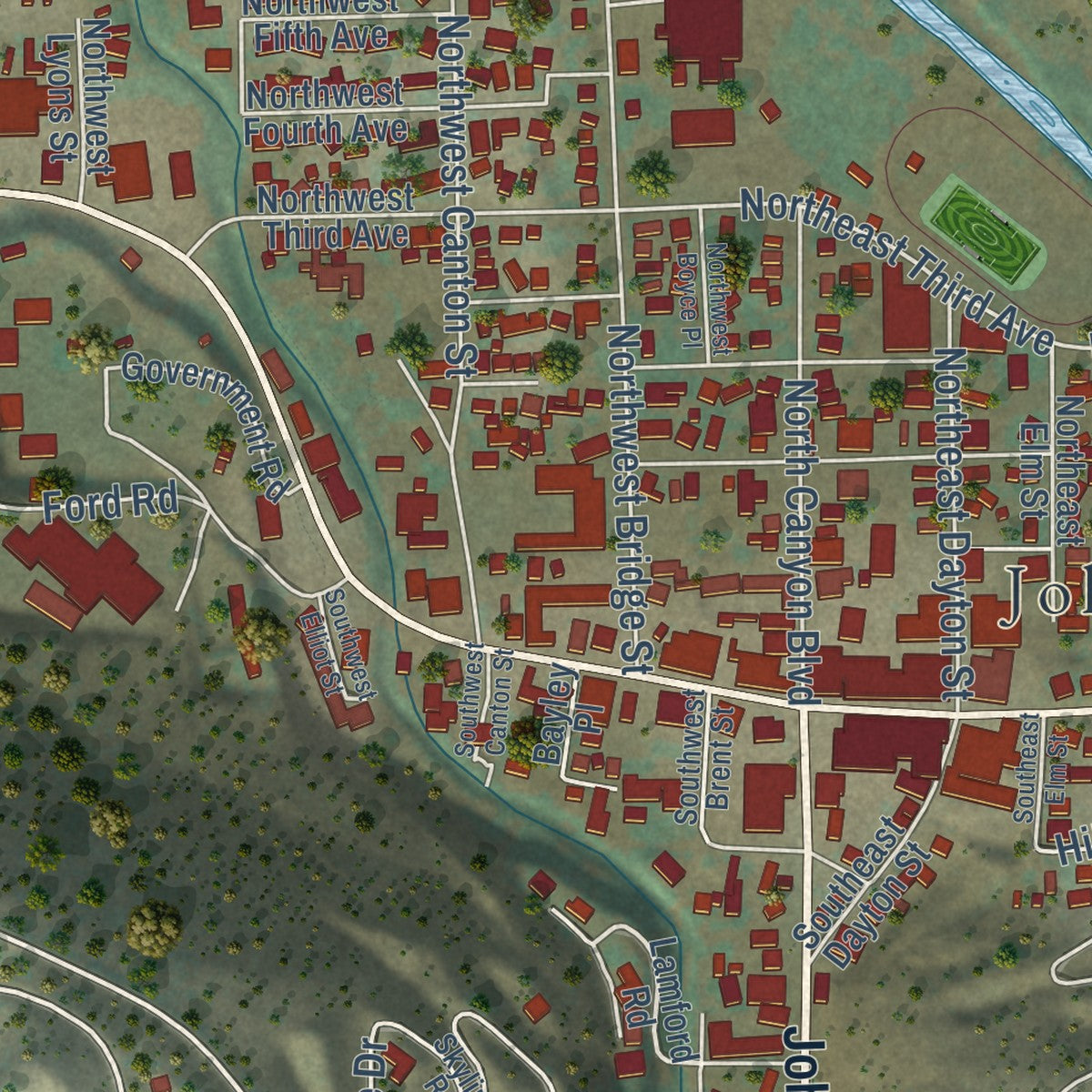 Close-up of the map of John Day, Oregon print showing street and building detail