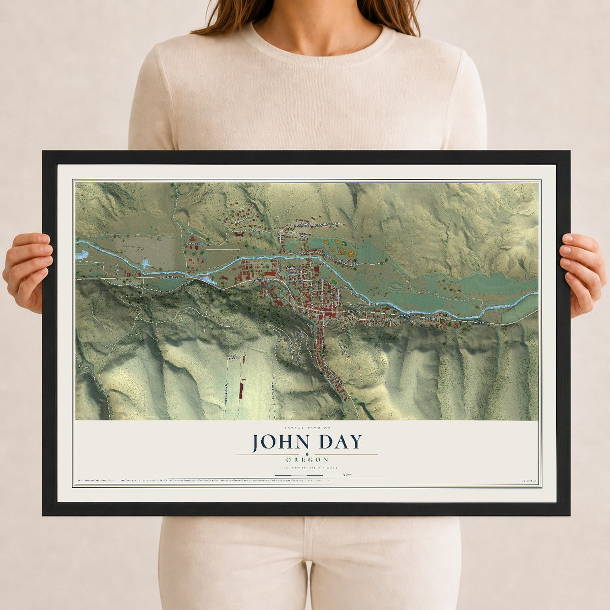 Map of John Day, Oregon, 12 x 18 inch print in a black wood frame