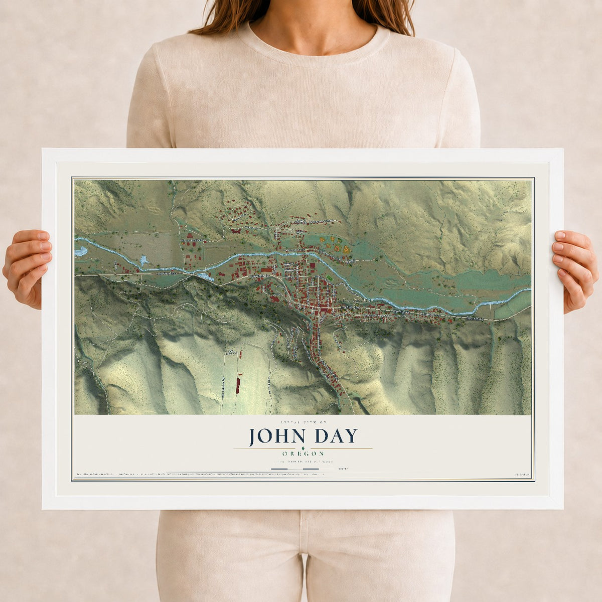 Map of John Day, Oregon, 12 x 18 inch print in a white wood frame