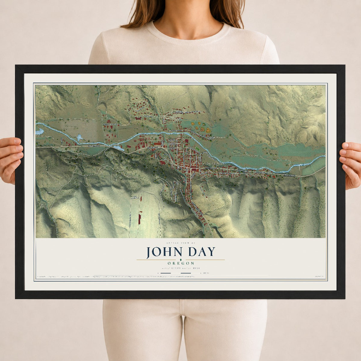 Map of John Day, Oregon, 18 x 24 inch print in a black wood frame