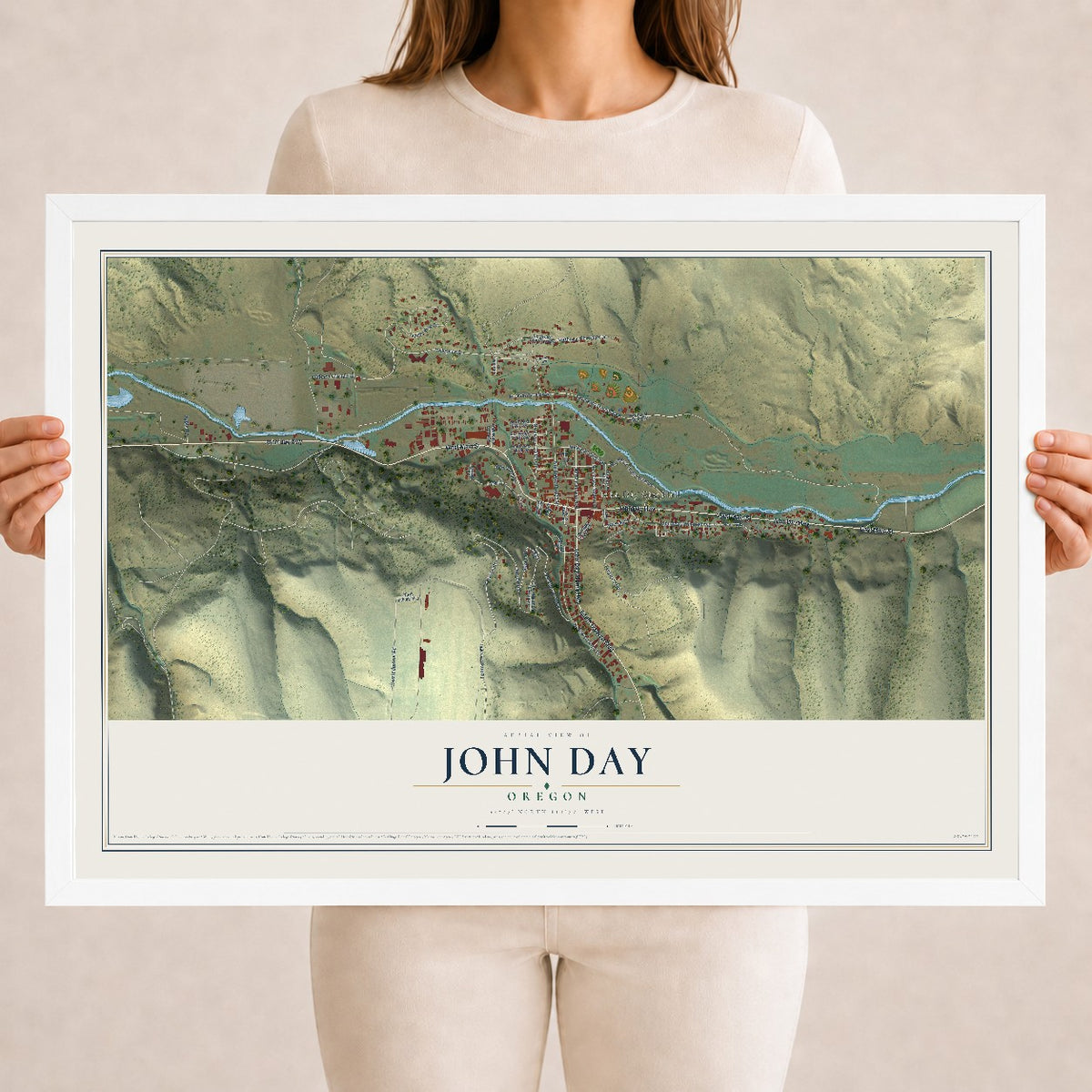 Map of John Day, Oregon, 18 x 24 inch print in a white wood frame