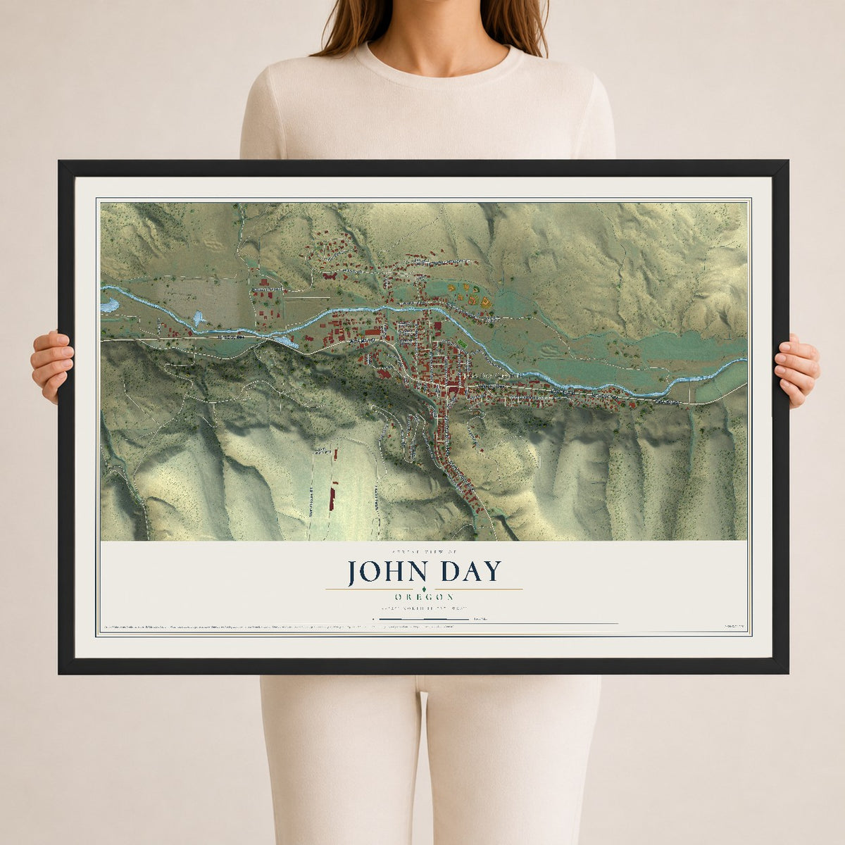 Map of John Day, Oregon, 24 x 36 inch print in a black wood frame