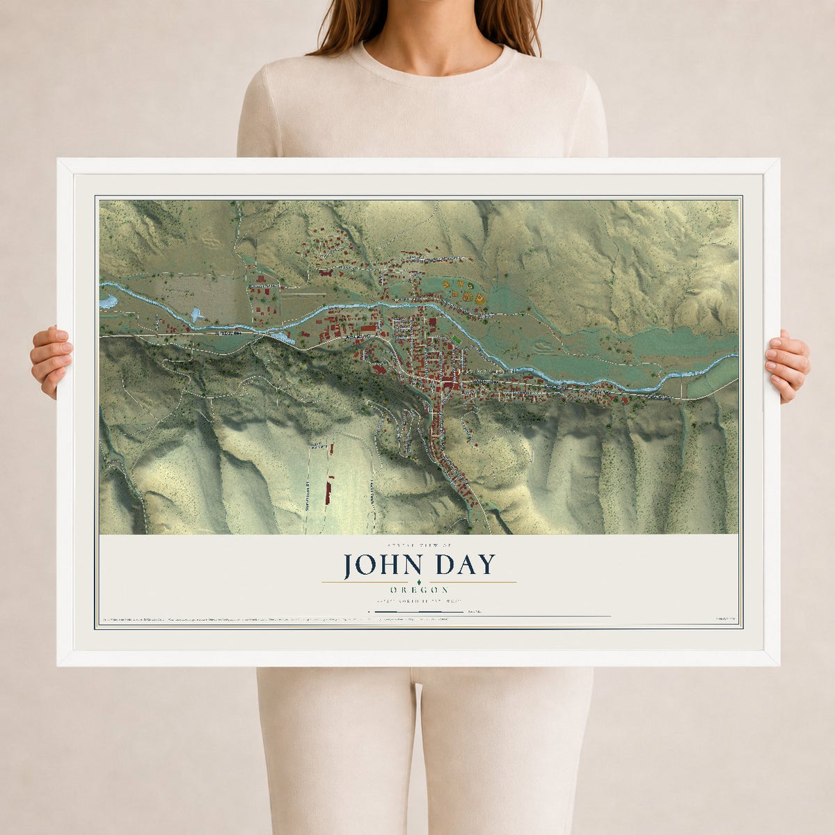 Map of John Day, Oregon, 24 x 36 inch print in a white wood frame