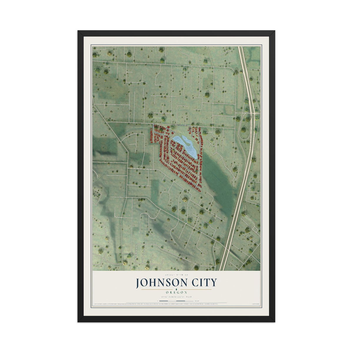 Map of Johnson City, Oregon, 12 x 18 inch print in a black wood frame