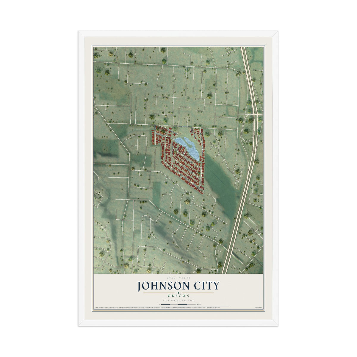 Map of Johnson City, Oregon, 12 x 18 inch print in a white wood frame